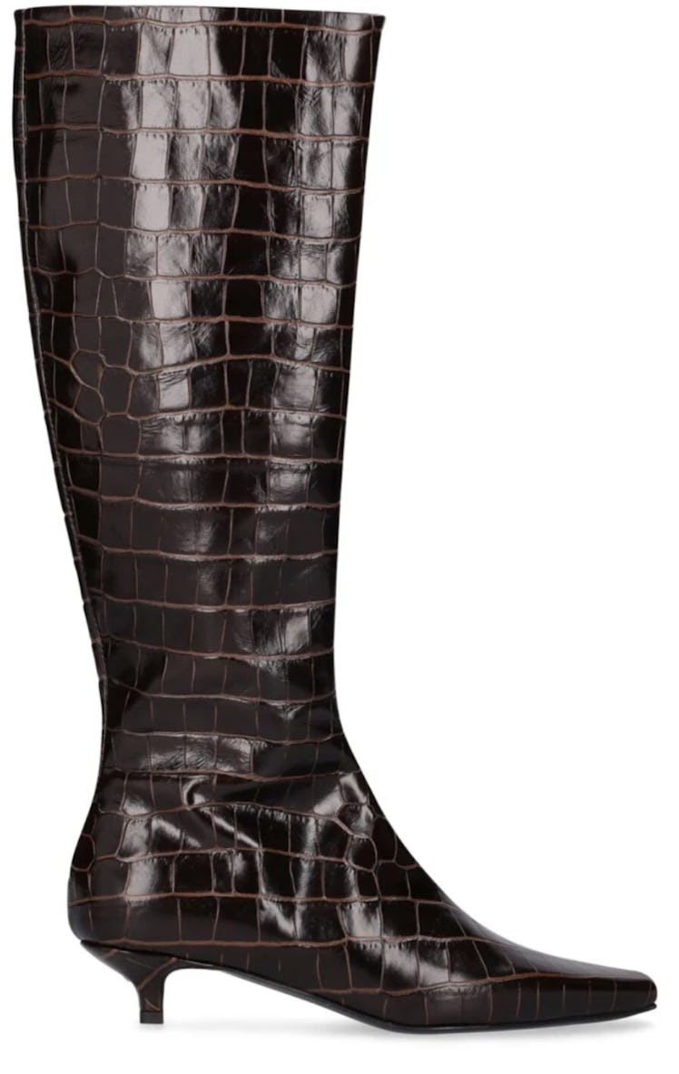 brown croc-embossed leather boots