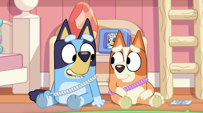 Bluey and Bingo sit in their room on Easter morning.
