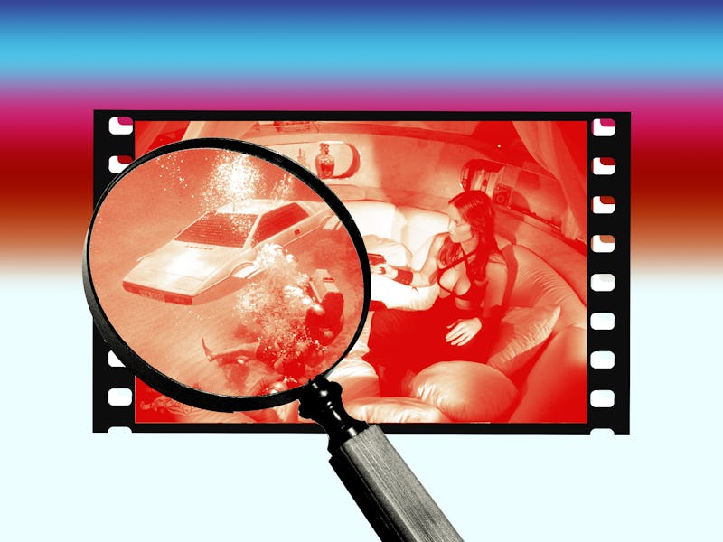 Magnifying glass over a film strip showing a red-toned image of a woman inside a car, creating a det...
