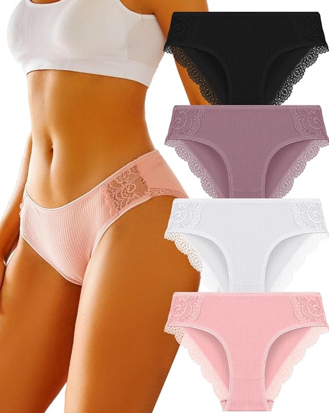 FINETOO Cotton Lace Bikini Panties Low Rise (4-Pack)