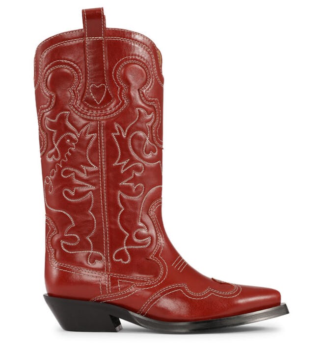 GANNI Red Mid Shaft Embroidered Western Boots