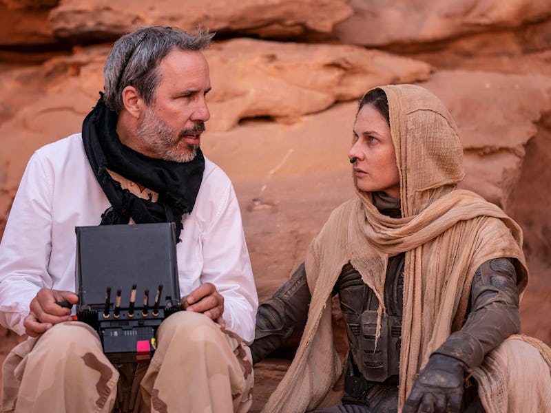Denis Villeneuve and Rebecca Ferguson filming 'Dune: Part Two.'