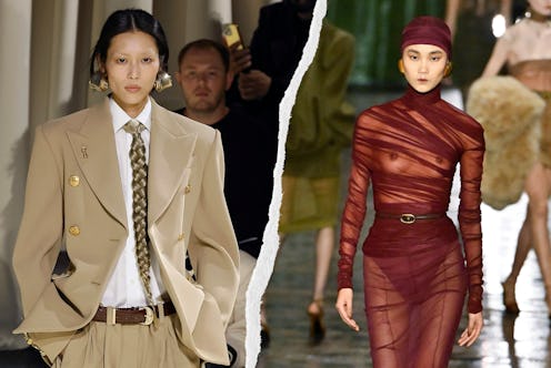 Models at Schiaparelli and Saint Laurent's Fall/Winter 2024 PFW shows.