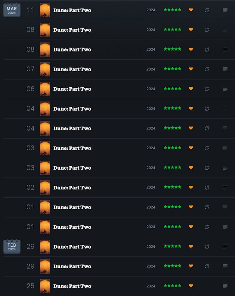 Mac’s Letterboxd history is exclusively Dune since the sequel’s release. 