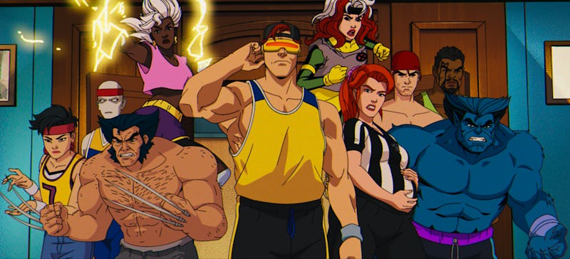 An animated image featuring a team of diverse superheroes standing ready for action in front of a wa...