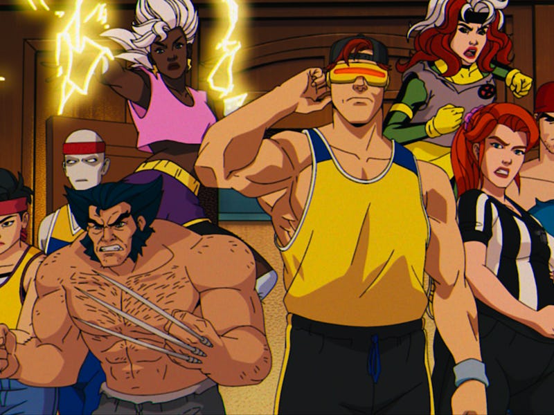 An animated image featuring a team of diverse superheroes standing ready for action in front of a wa...