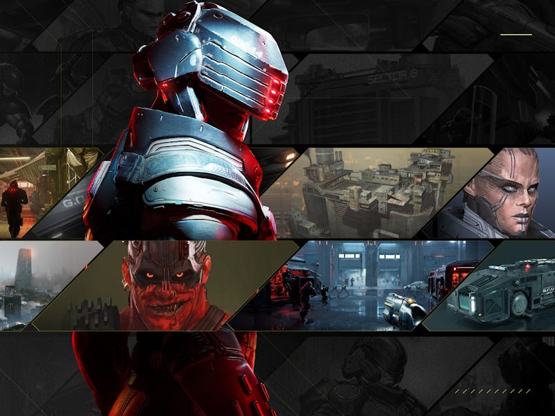 Collage of futuristic game scenes featuring a cybernetic figure, dystopian cityscapes, and character...