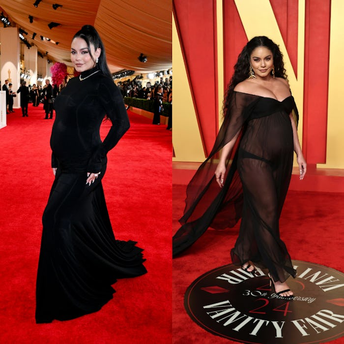 Vanessa Hudgens poses in two elegant black dresses at the Oscars red carpet and Vanity Fair's after-...