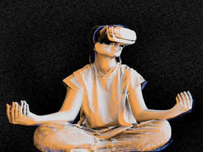 A person wearing a VR headset to meditate in the virtual world or metaverse