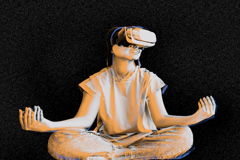 A person wearing a VR headset to meditate in the virtual world or metaverse