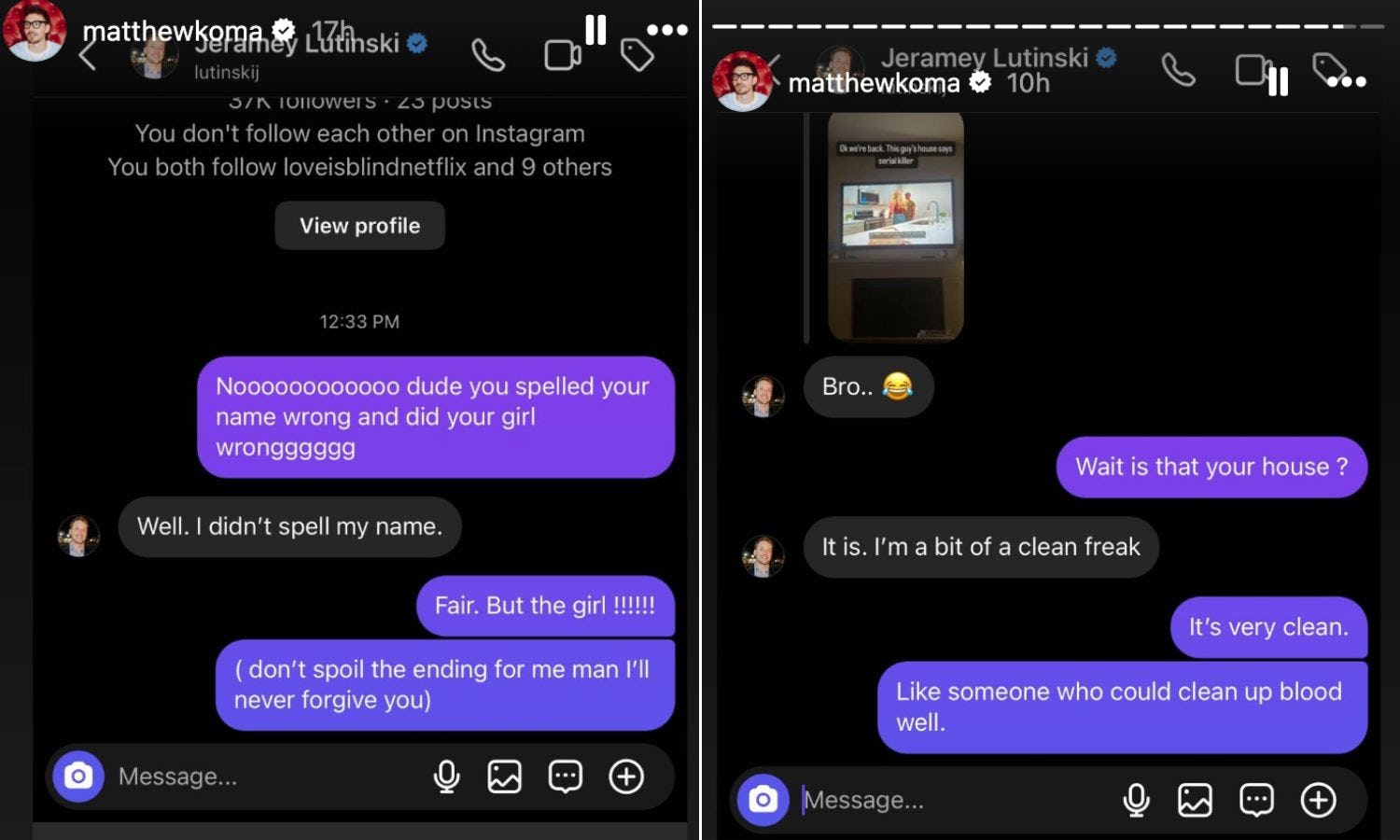 Hilary Duff's husband Matthew Koma shared the DMs he sent to the 'Love Is Blind' Season 6 cast.