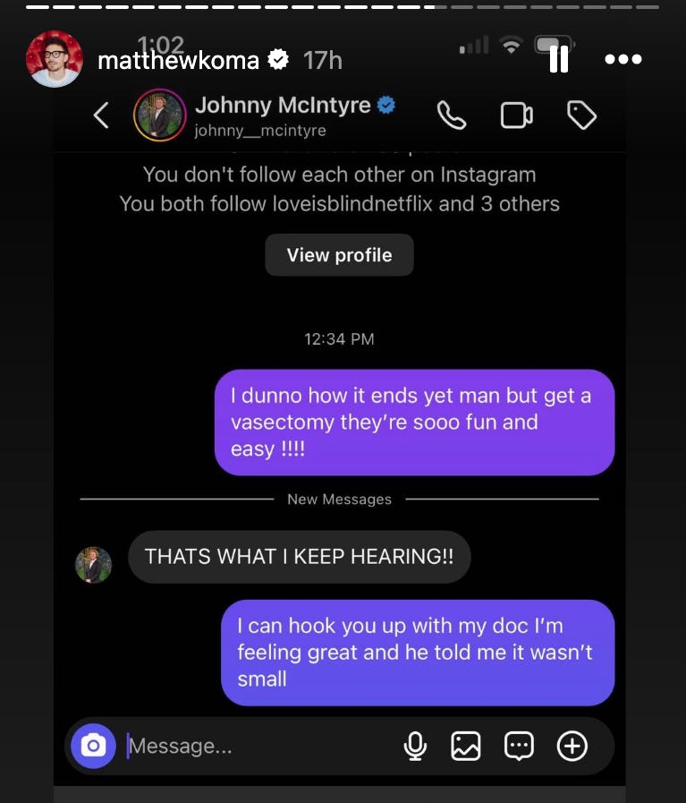 Hilary Duff's husband Matthew Koma shared the DMs he sent to the 'Love Is Blind' Season 6 cast.