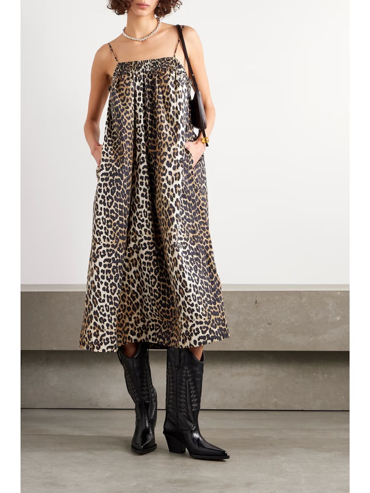 Leopard-Print Organic Cotton-Poplin Midi Dress