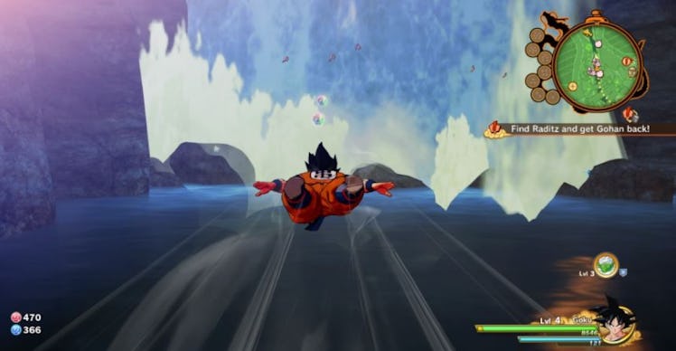 Screenshot of Goku soaring across the map in Dragon Ball Z Kakarot