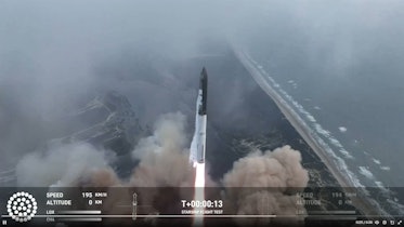 photo of a rocket lifting off with the coastline in the background
