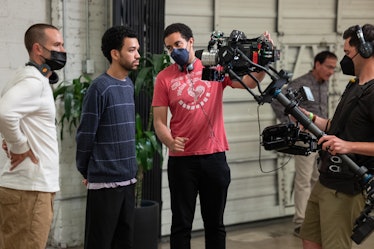 Justice Smith and Kobi Libii on the set of The American Society of Magical Negroes