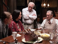 Leonardo DiCaprio, Lily Gladstone, Martin Scorsese, and Robert De Niro on the set of Killer of the F...