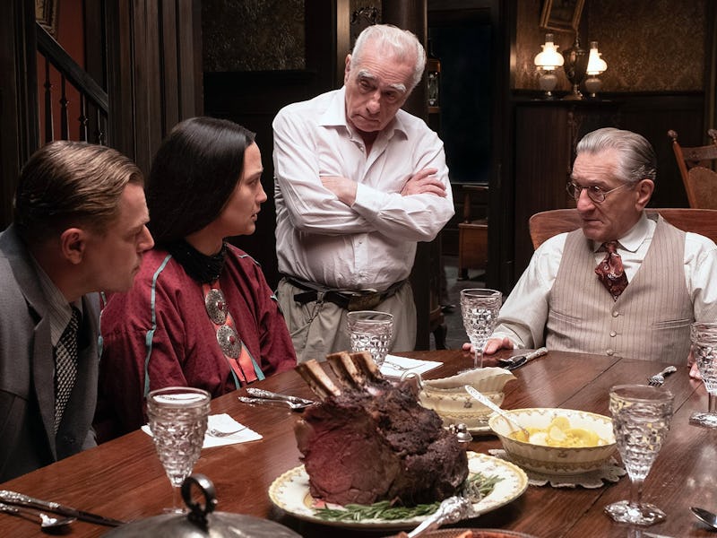 Leonardo DiCaprio, Lily Gladstone, Martin Scorsese, and Robert De Niro on the set of Killer of the F...