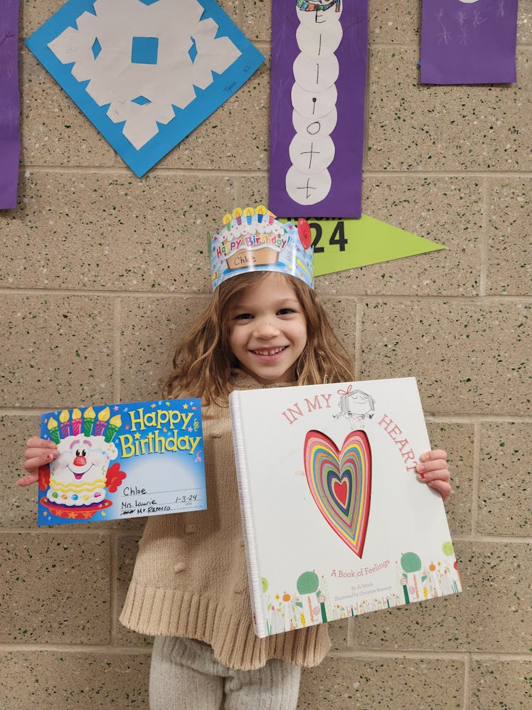 A kindergarten child celebrates their birthday in school.