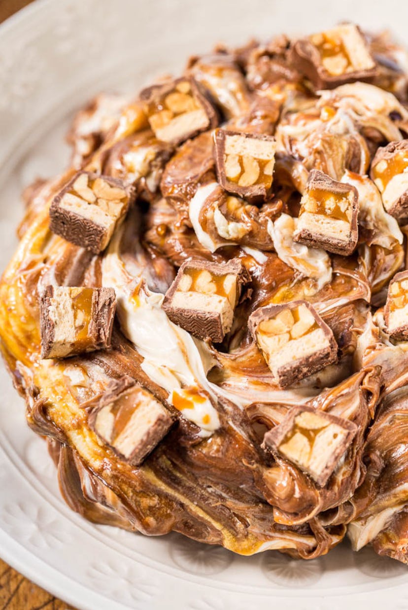Snickers dip is one of the easiest make-ahead Easter desserts.