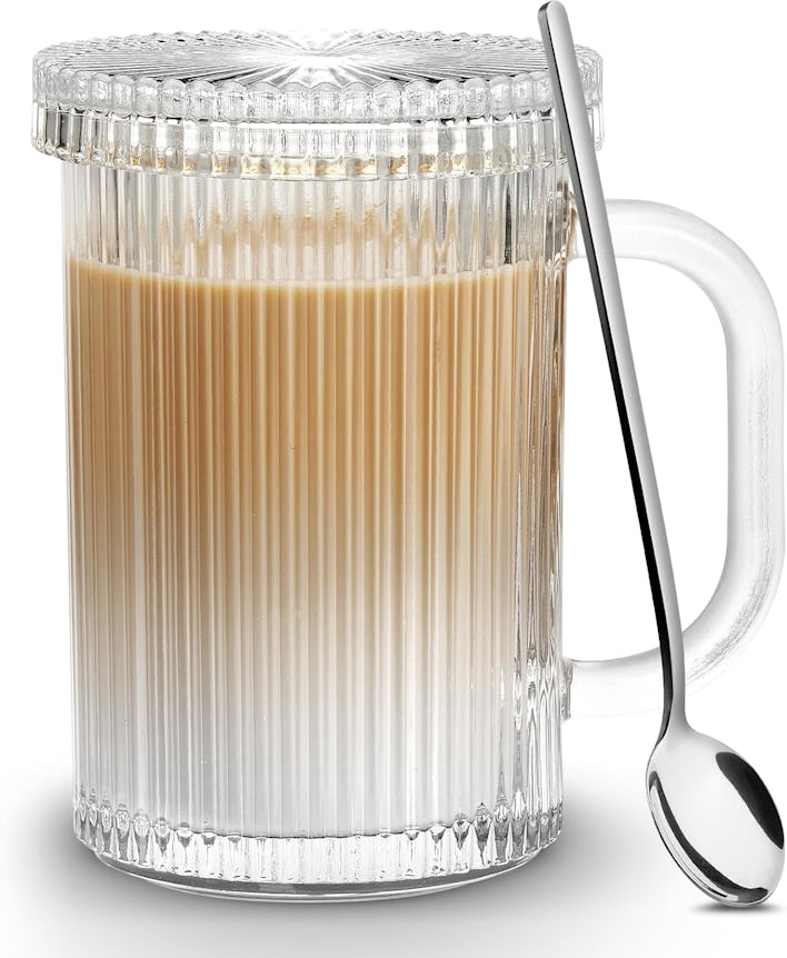 Qipecedm Clear Glass Coffee Mug with Lid