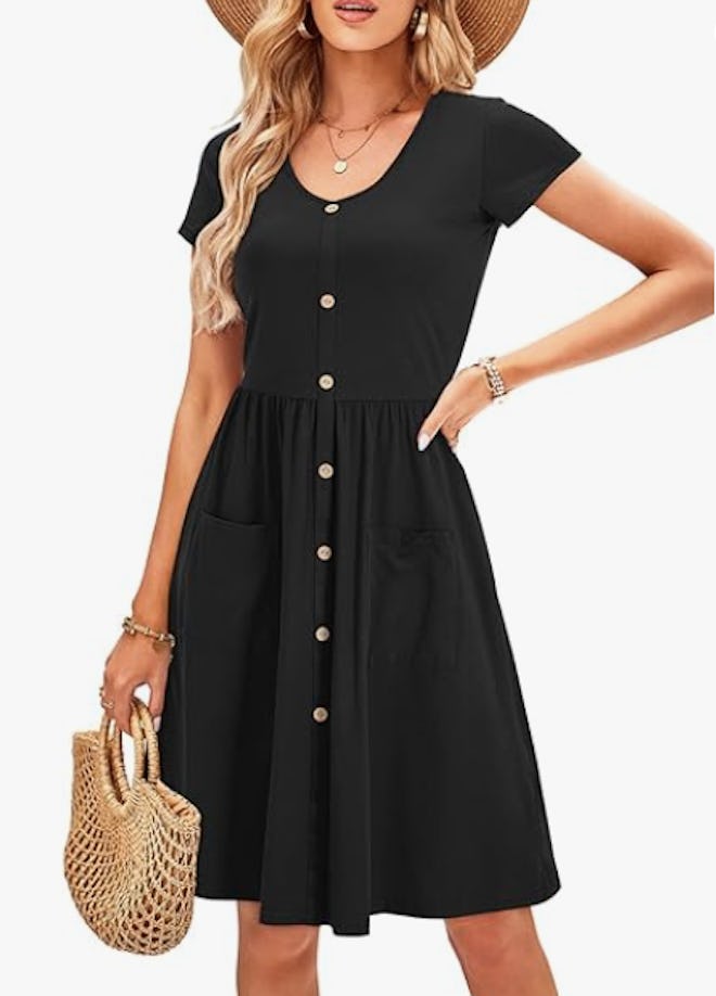 OUGES  Button Down Skater Dress with Pockets