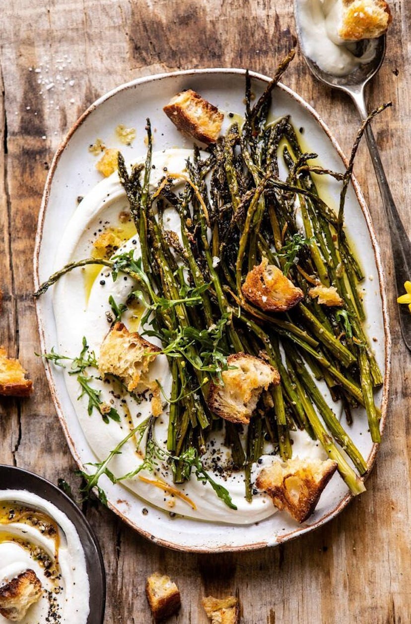 Sesame roasted asparagus with whipped feta is one of the tastiest Easter side dishes.
