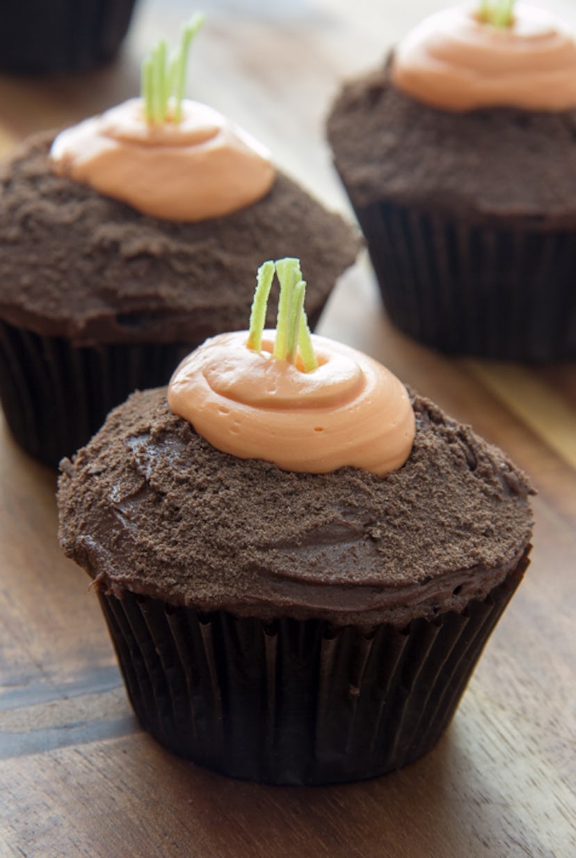 Chocolate carrot patch cupcakes are a cute make-ahead Easter dessert.