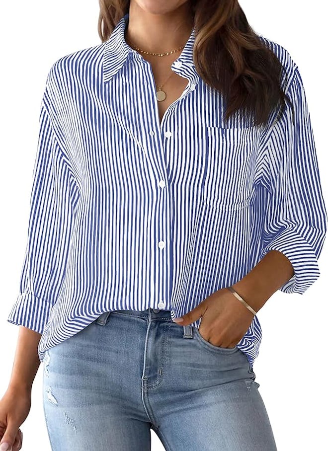 AISEW Button Down Striped Collared Blouse