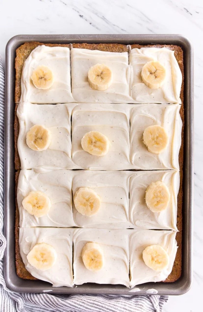 A banana sheet cake is a make-ahead Easter dessert you can store in the refrigerator.