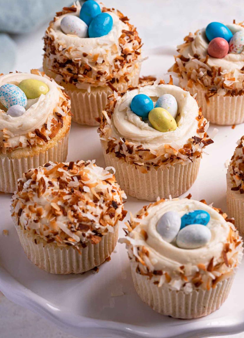 Coconut cupcakes are one of the best make-ahead Easter desserts.