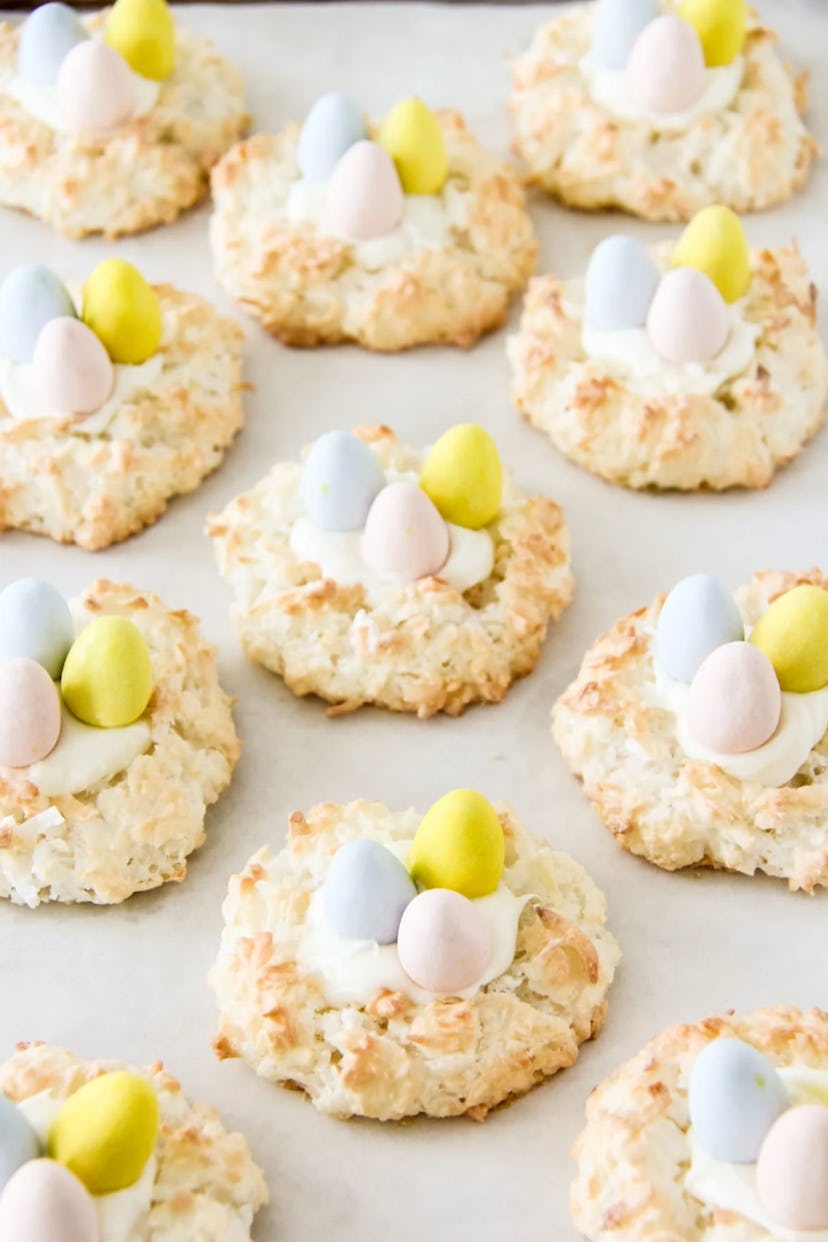 Coconut macaroon birds nest cookies are one of the cutest make-ahead Easter desserts.