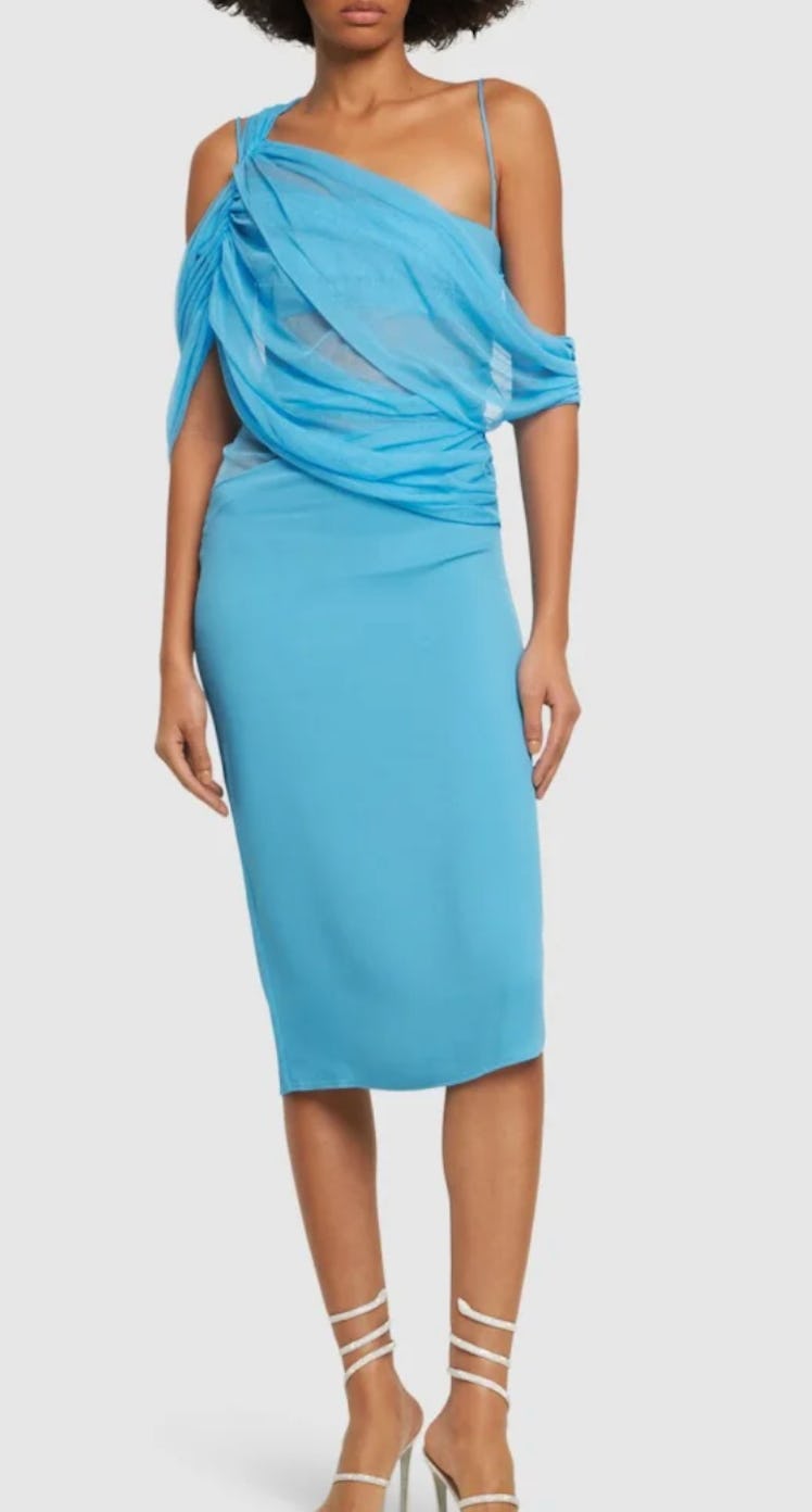 blue asymmetric veiled midi dress