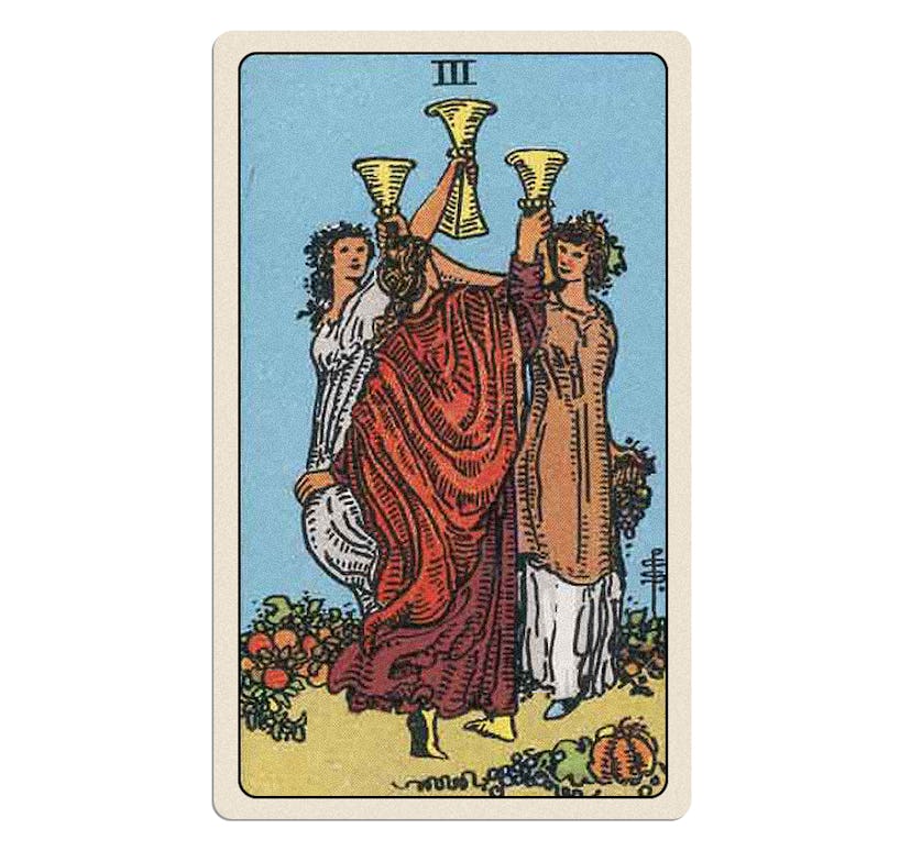 The Three of Cups is part of your love tarot reading for spring 2024. 