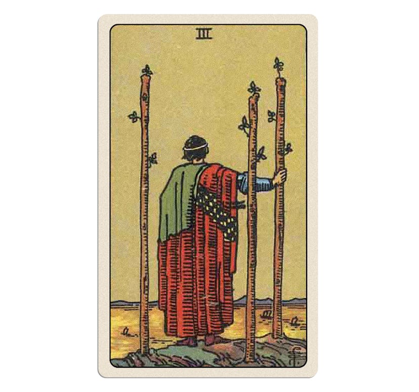 The Three of Wands is part of your love tarot reading for spring 2024.