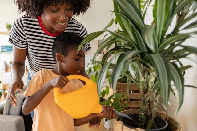 A woman helps her son water a plant in their home.
