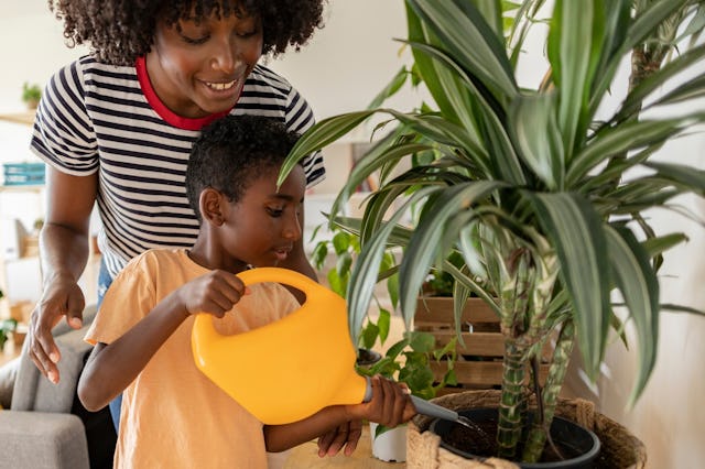 A woman helps her son water a plant in their home.