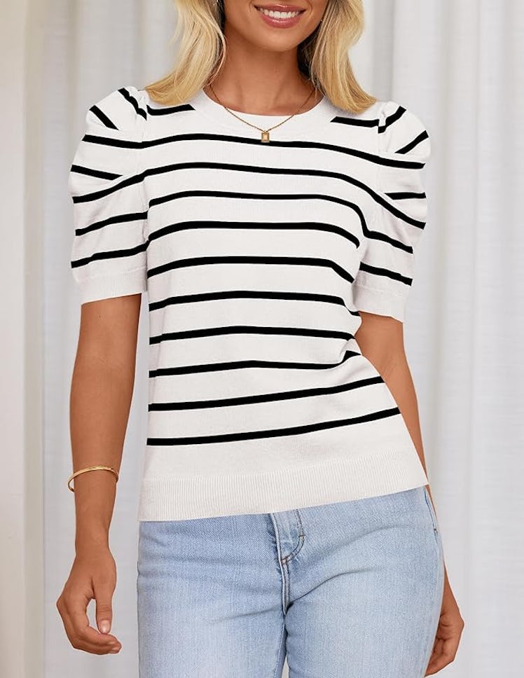 HAEOF Striped Puff Sleeve Top