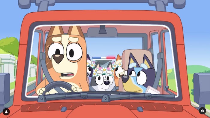 Chilli drives Socks, Muffin, Bingo, and Bluey with a police car behind them.