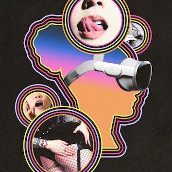 Surreal collage of mouths, a microphone, and a silhouette with neon outlines against a black backgro...