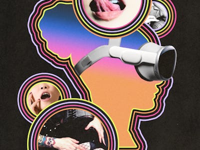 Surreal collage of mouths, a microphone, and a silhouette with neon outlines against a black backgro...