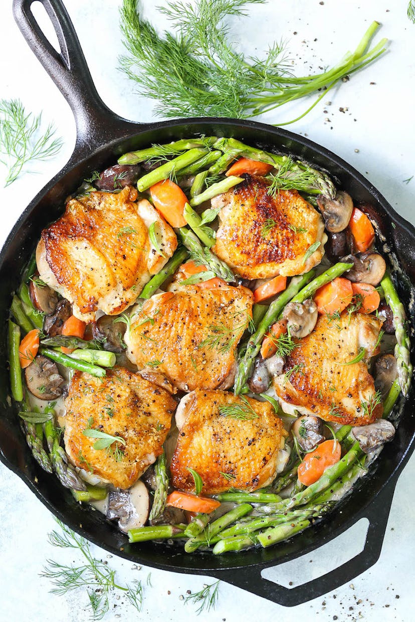 skillet chicken with spring vegetables