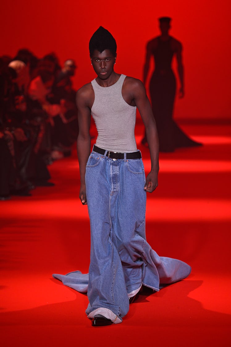 A model walks the runway during the Vetements Womenswear Fall/Winter 2024-2025 show as part of Paris...