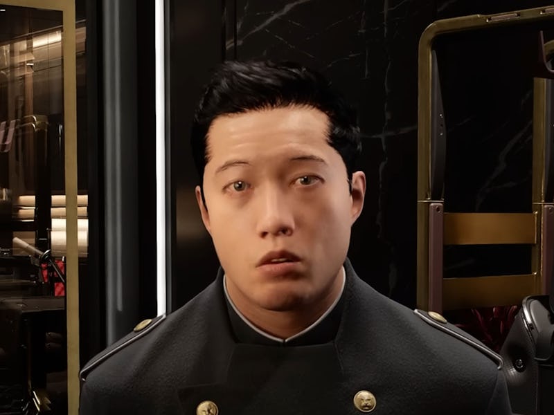 A person in a dark uniform with a surprised expression stands in a luxurious interior, possibly a ho...