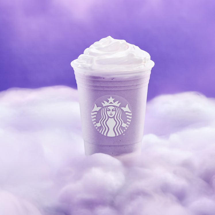 Starbucks' new Lavender Crème Frappuccino has lavender powder, vanilla syrup, and whipped cream on t...