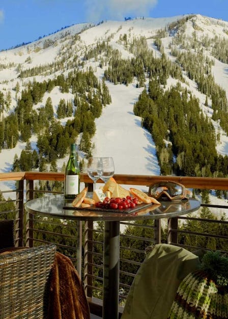 A view from one of Hotel Terra's balconies overlooking mountains in Jackson Hole