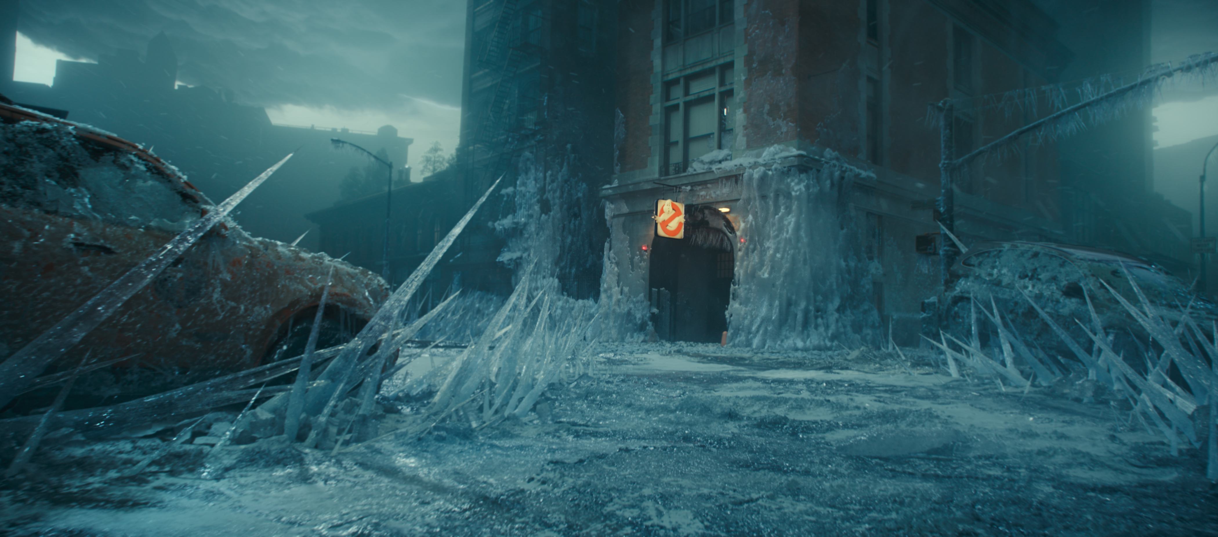 The Ghostbusters firehouse covered in ice in 'Ghostbusters: Frozen Empire'