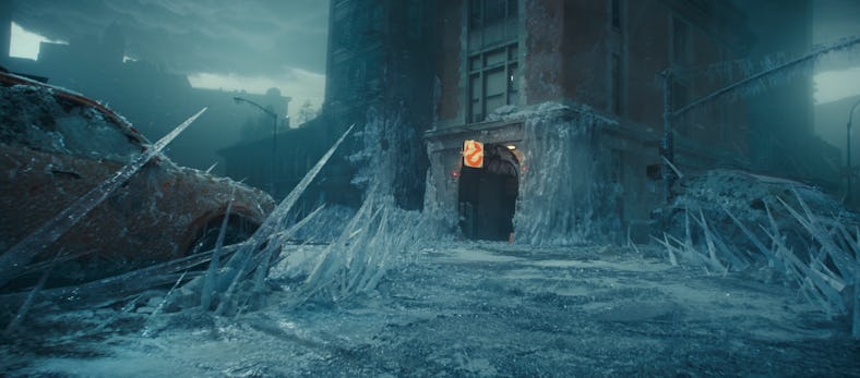 The Ghostbusters firehouse covered in ice in 'Ghostbusters: Frozen Empire'
