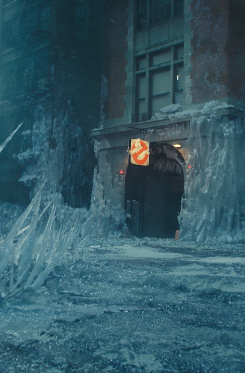 The Ghostbusters firehouse covered in ice in 'Ghostbusters: Frozen Empire'