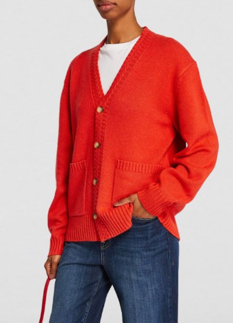 red cashmere cardigan